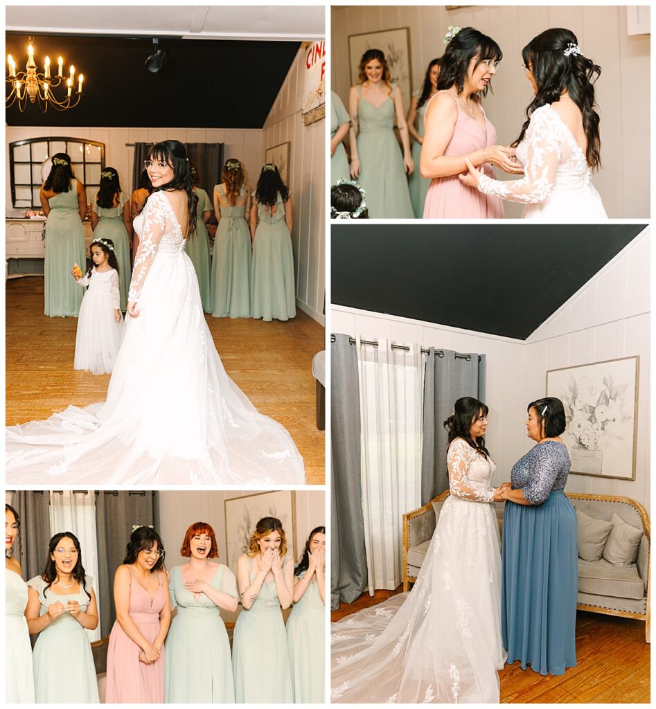 A dark haired bride reveals her wedding gown to her bridal party for the first time before her Green Cove Springs, FL wedding. 