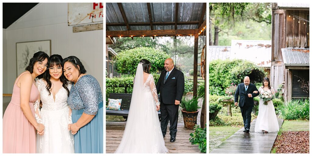A bride in a plunging neckline gown poses with her family and is escorted by her father down the aisle during her outdoor wedding at Tucker's Farmhouse.