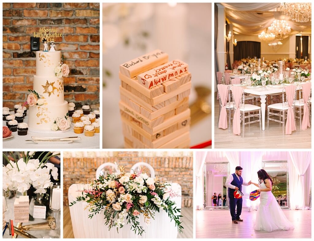 A collection of photos of a wedding reception at Crystal Ballroom including a multi-tiered white wedding cake, white and pink floral bouquets, and the bride & groom entering.