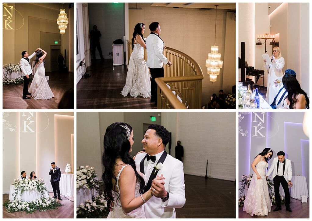 Florida newlyweds stand in their wedding attire overlooking guests from a balcony in the reception hall surrounded by soft lighting and fresh florals. 
