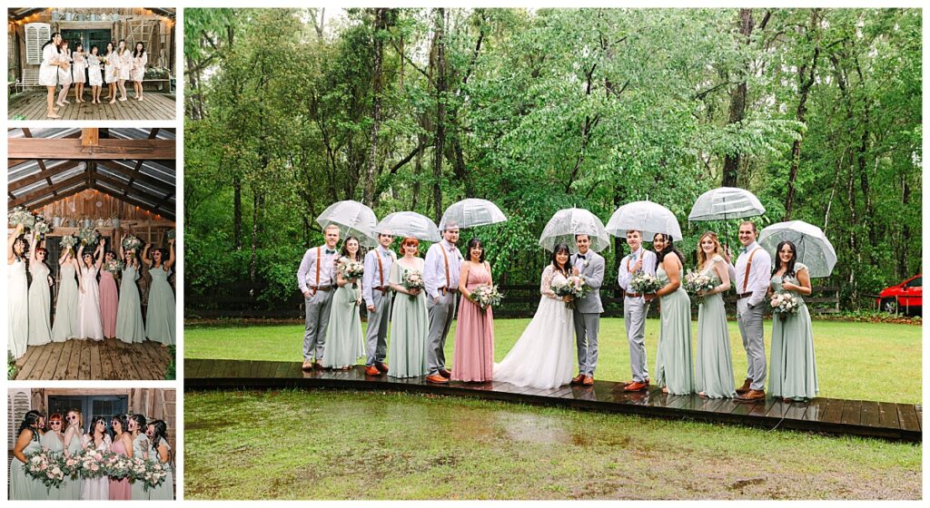 A bridal party in wearing suspenders and dresses in shades of pink and green smile under clear umbrellas on a rainy afternoon taken by Laura Perez Photography, a Florida based wedding photographer.