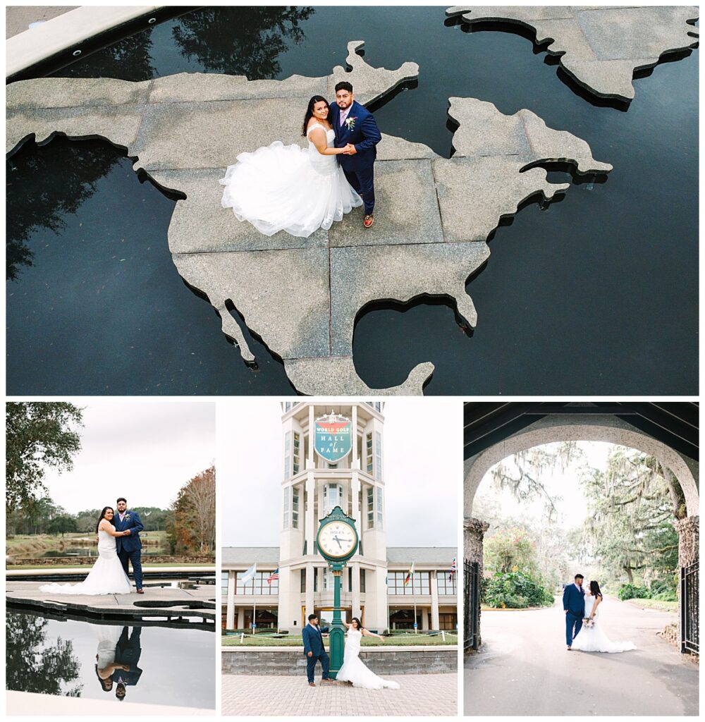 Drone images of a newly married couple in their wedding attire posing at the map at World Golf Village in St. Augustine Florida. 