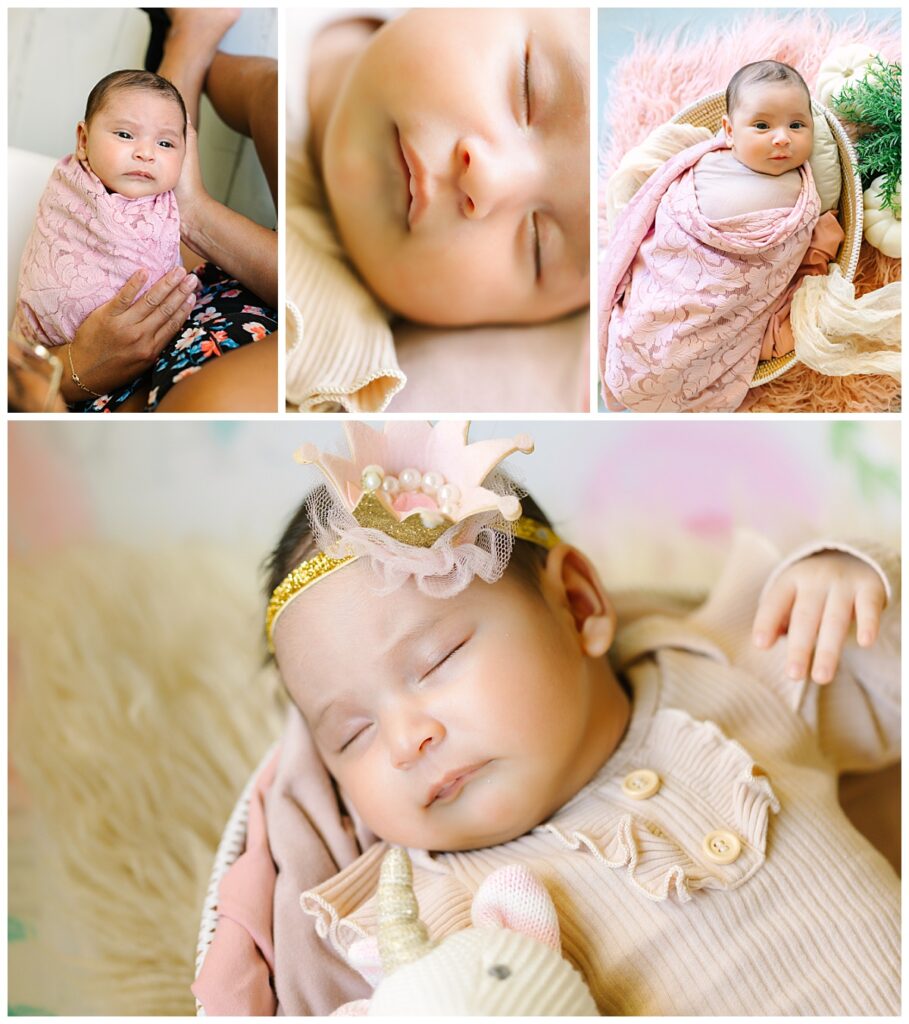 A photo collage of a newborn baby girl swaddled in a pink muslin wrap taken during her newborn session in Jacksonville, FL.
