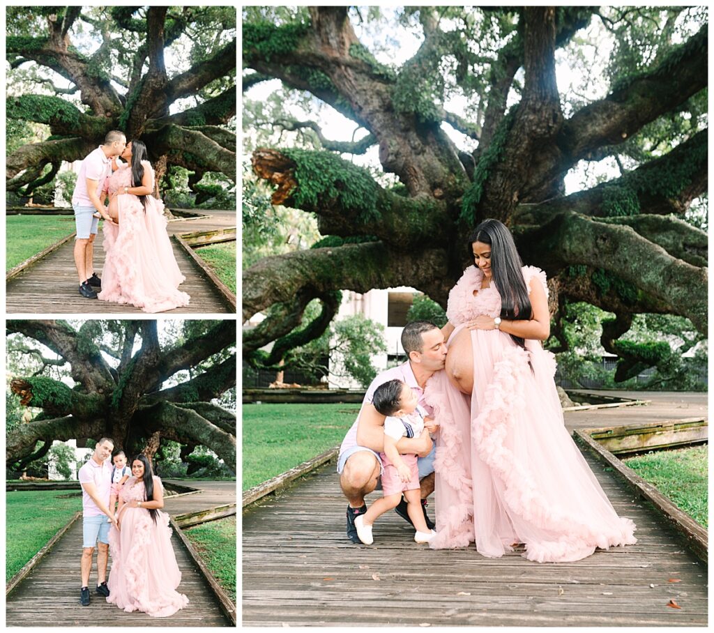 Three photos of an expectant mother in a flowing pink gown, her husband, and toddler pose together in front of Treaty Oak in Florida.