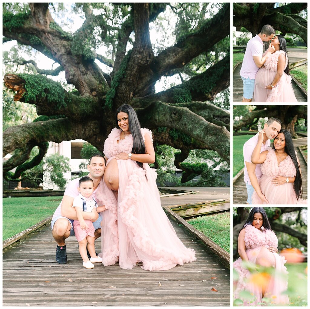 A mother and father pose with their toddler son at Treaty Oak Park in Jacksonville, FL during their maternity photo session.