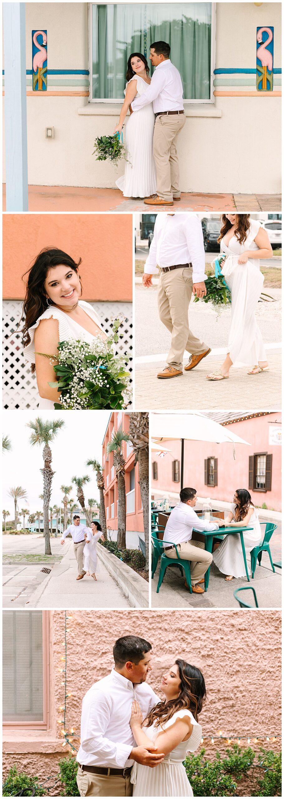 Florida newlyweds stroll together along the sidewalks of downtown St. Augustine following their beach wedding.