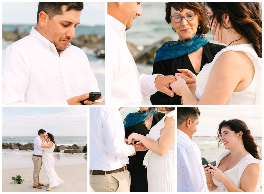 A bride and groom exchange rings before an officiant wearing a blue scarf during their Florida beach elopement ceremony in St. Augustine.