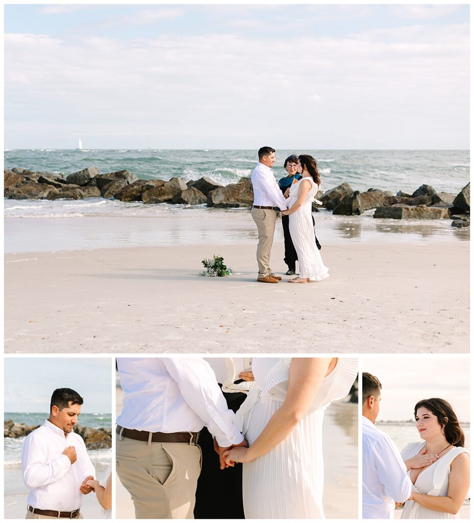 A Florida couple read personal vows to each other during their Florida beach elopement ceremony before an ocean backdrop.