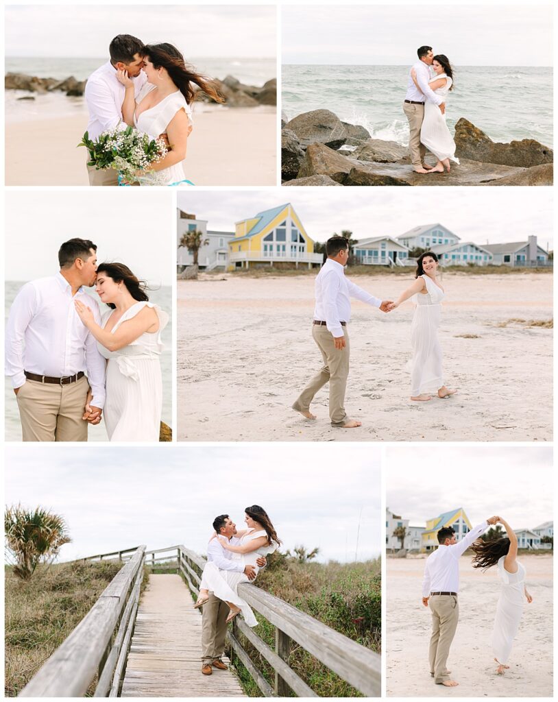 A Florida couple walk hand-in-hand along the sand for bridal portraits following their elopement ceremony.