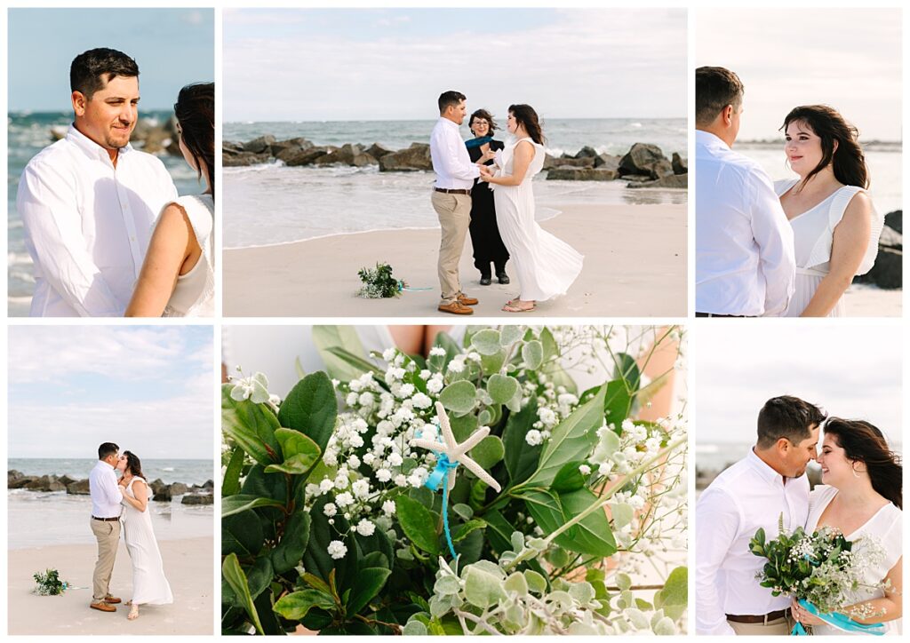 A bride wearing a flowy, white dress and a groom in khakis and a white button down hold hands as their romantic beach elopement is officiated next to the ocean in St. Augustine.