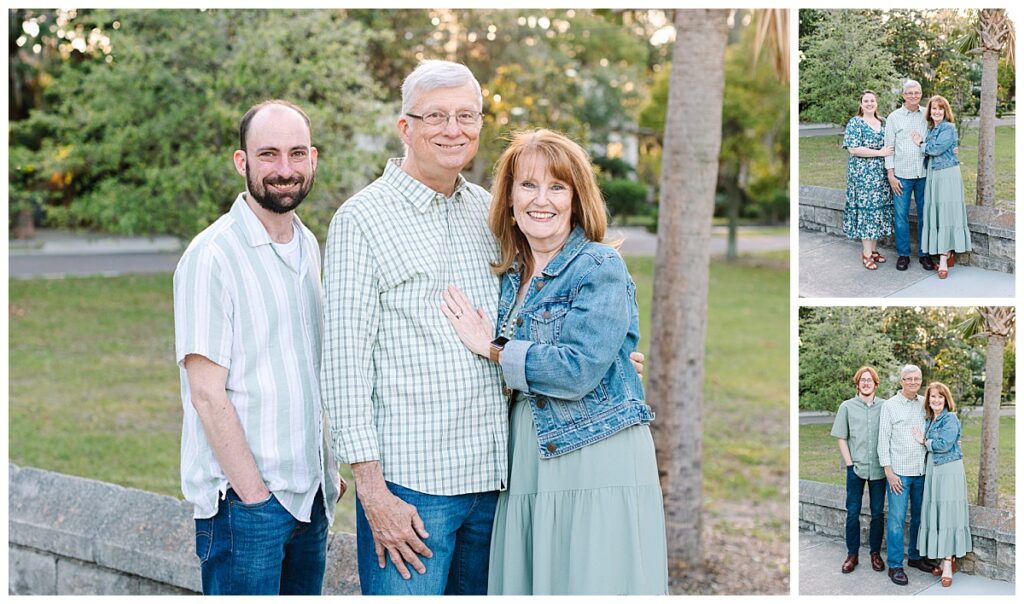 A mother and father pose with their adult son during an outdoor photo session in the Jacksonville area.