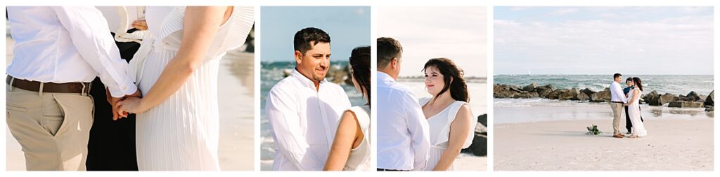 A bride and groom wearing white stand hand-in-hand on a St. Augustine, Florida, beach as they exchange vows during their elopement ceremony.