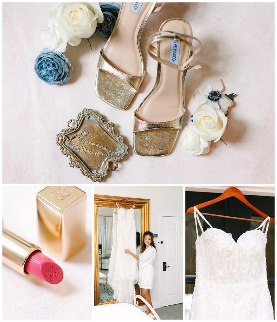 A collage of photos showing a bride's strappy heels, blue and white garter, and pink lipstick along with the sweetheart neckline of her strapless wedding gown.