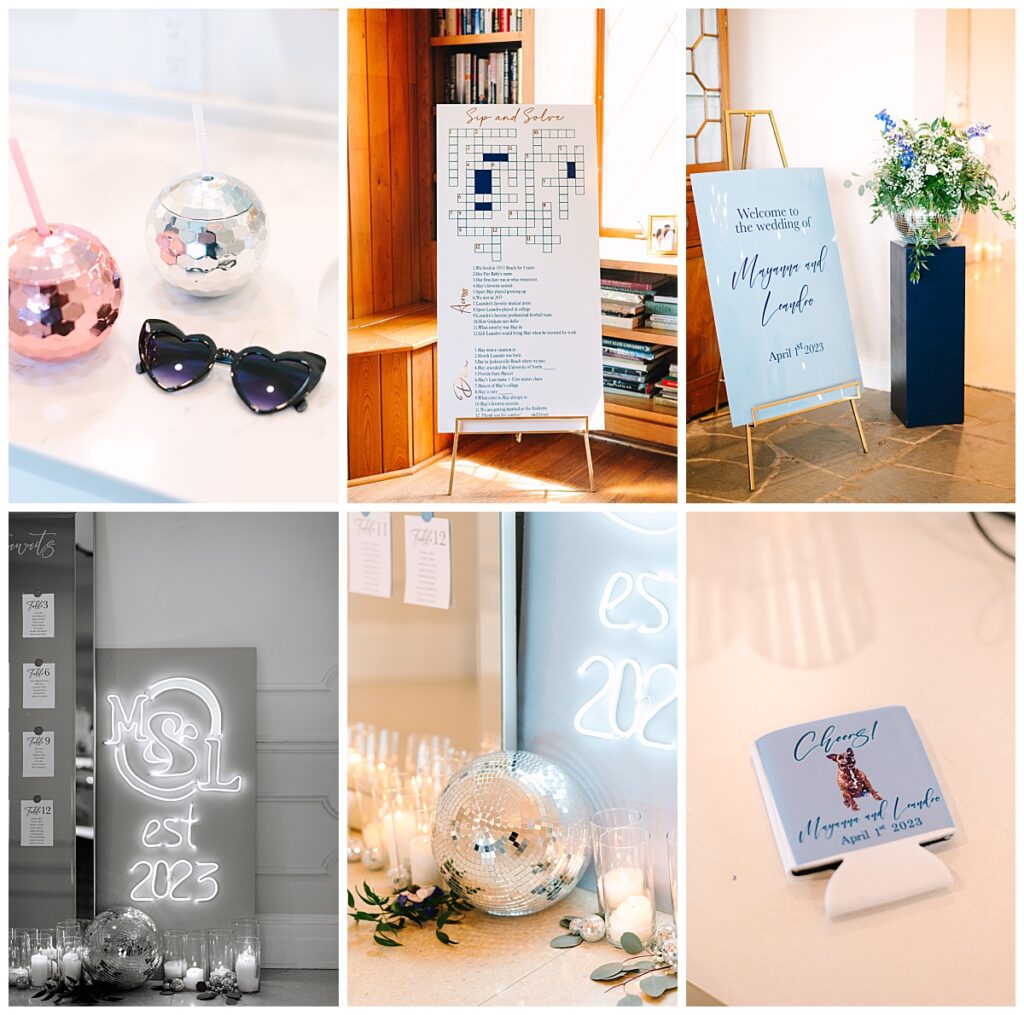 A collection of unique wedding favors and decoration featuring heart sunglasses, disco balls, and an oversized crossword puzzle.