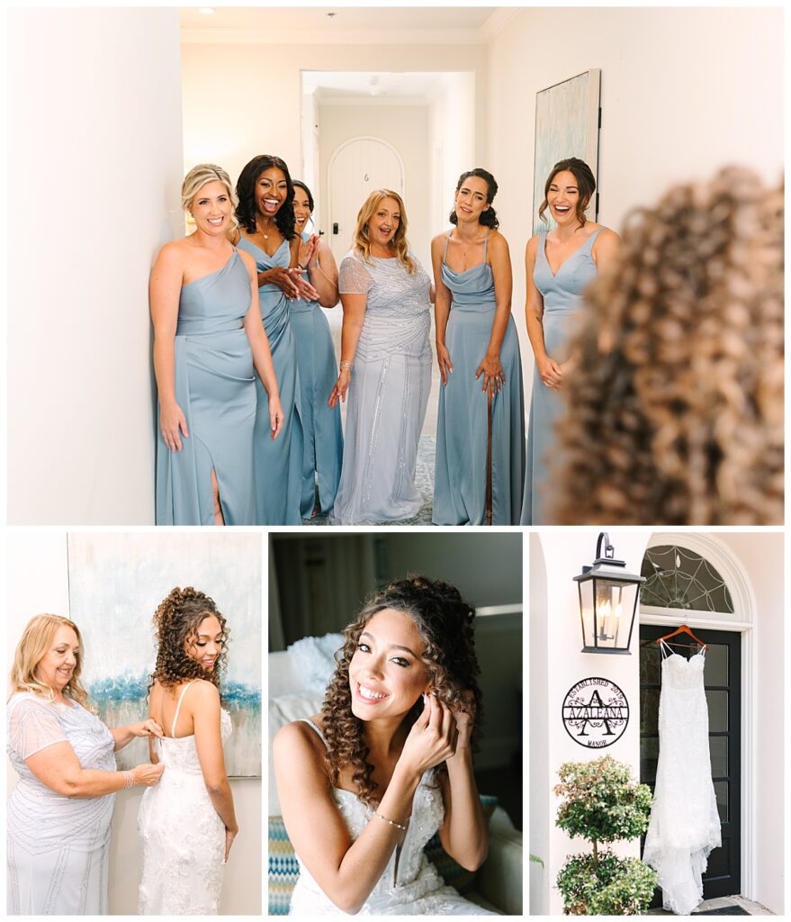 Five bridesmaids wearing blue gowns along with the mother of the bride see her in her wedding gown for the first time.