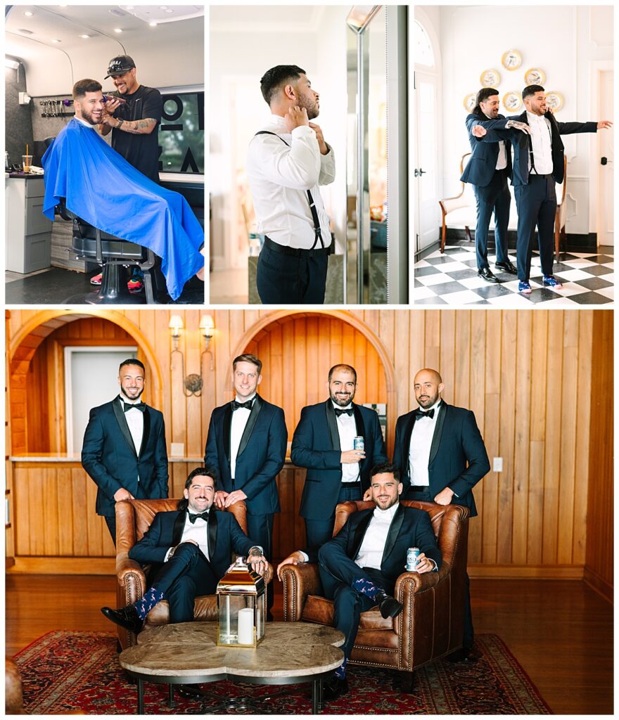 A groom prepares for his wedding day with a fresh haircut before his best man assists him with his tux jacket.