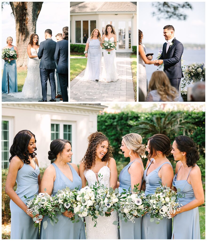 A Florida bride wearing a white, strapless gown is escorted down the aisle by her mother surrounded by her bridesmaids wearing blue and holding white florals.
