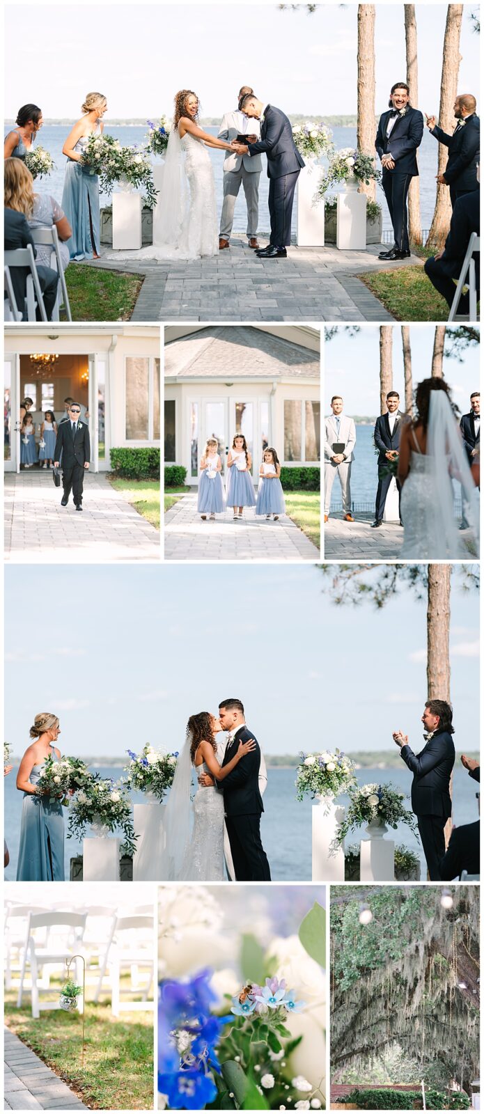 A collage of photos of a Florida couple exchanging vows alongside their bridal party overlooking St. John's River in Florida.