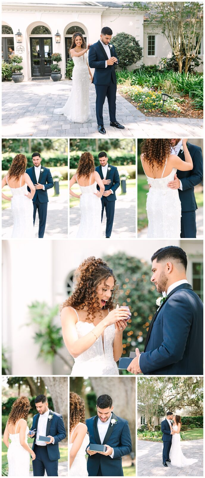 Florida newlyweds wearing a strapless lace gown and a navy blue suit share a first look and exchange gifts before their spring wedding at Azaleana Manor.