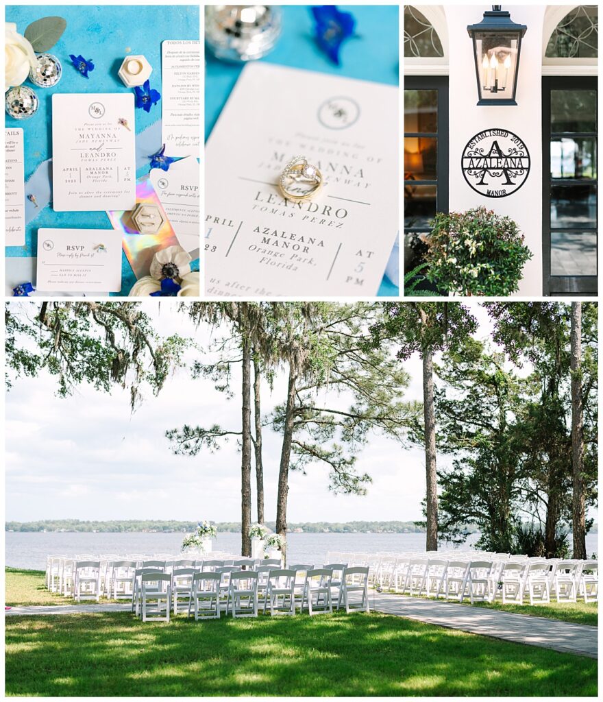 A collage of detail shots of wedding invitations, wedding rings, and blue florals next to a photo of the entrance at Azaleana Manor.