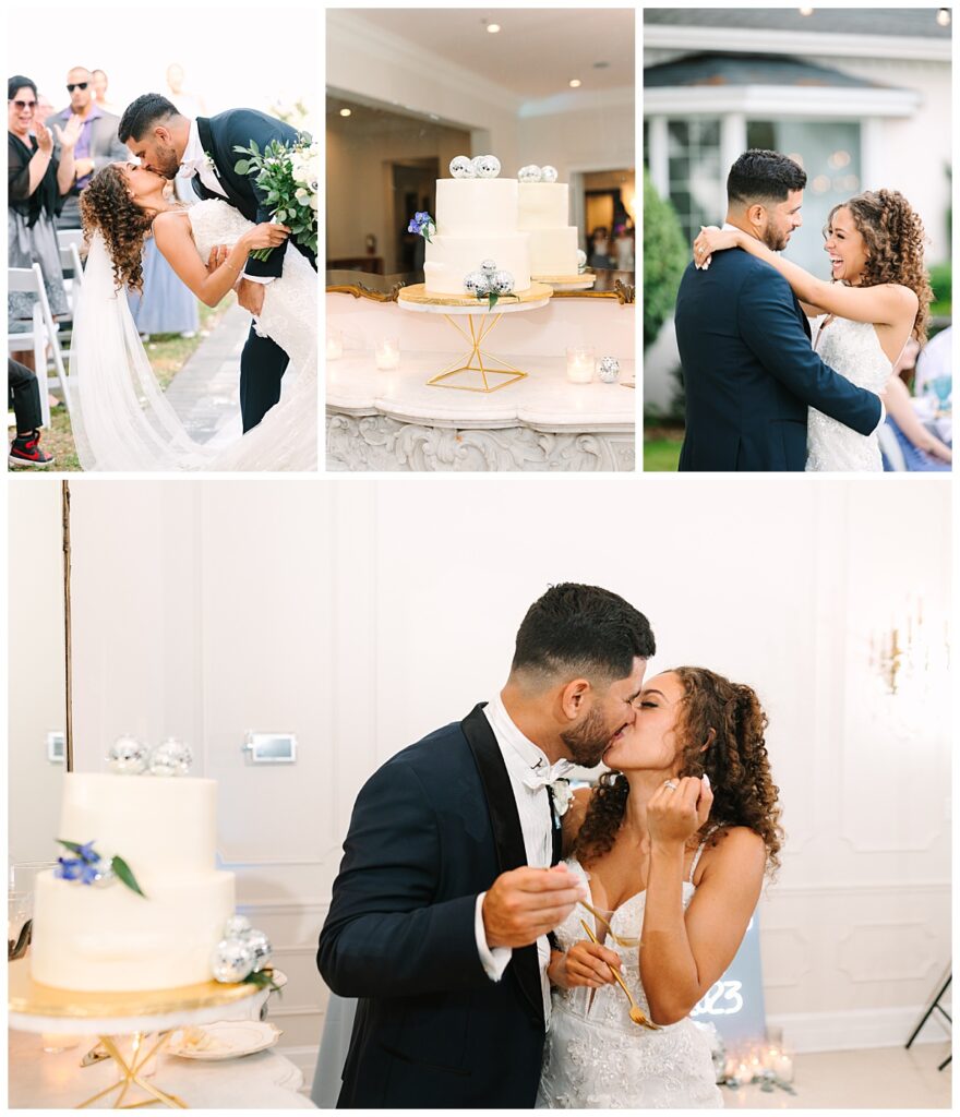 A Florida couple embrace during their wedding reception next to their white, two tier cake topped with blue flowers and disco balls.