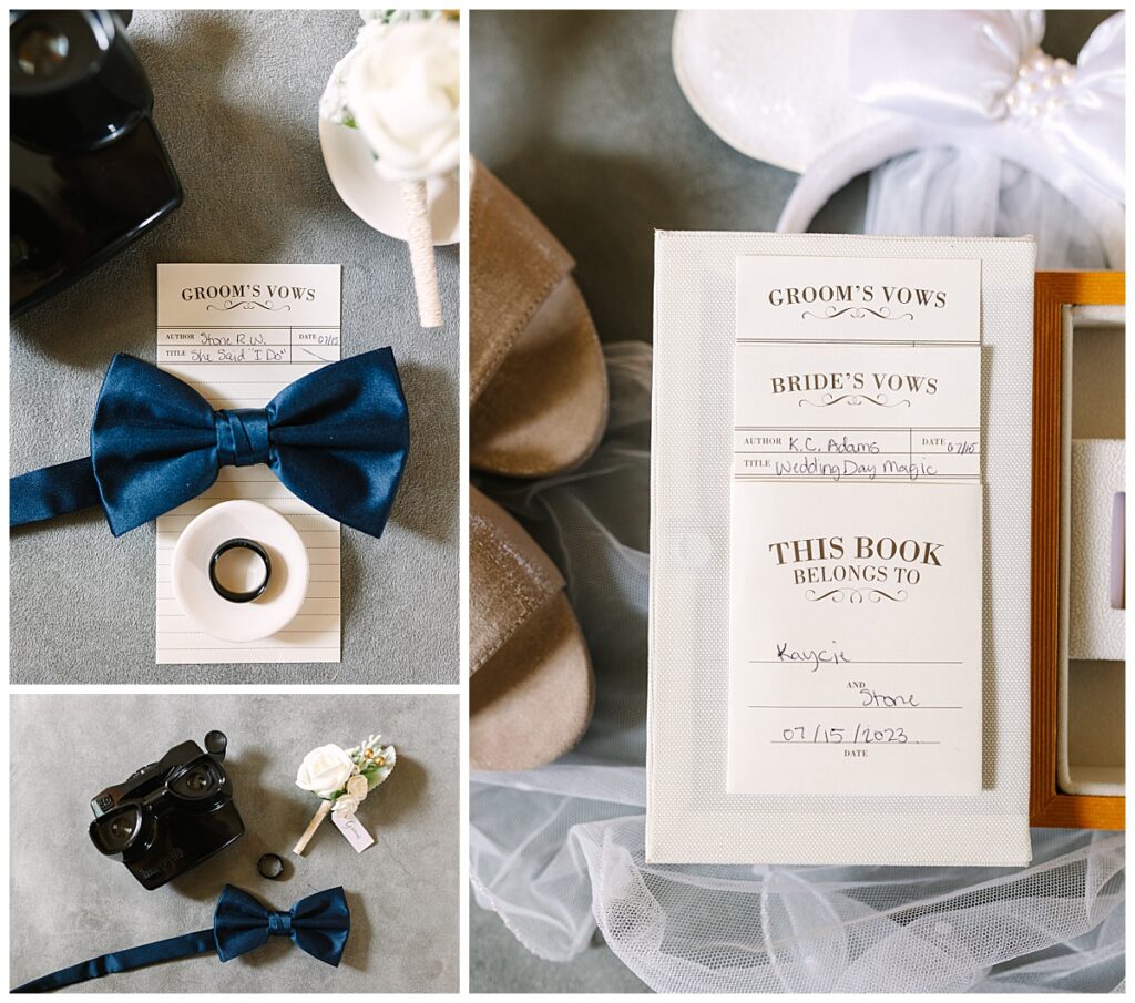A details shot of a book themed wedding invitation that resembles a library check-out card along with boutonniere and wedding band belonging to the groom shot by Laura Perez Photography, a Jacksonville based wedding photographer.