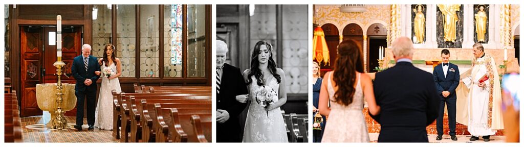 A collage of three photos show a father walking his daughter down the aisle of an ornate Catholic church in Florida where he gives her hand in marriage to her groom awaiting her.