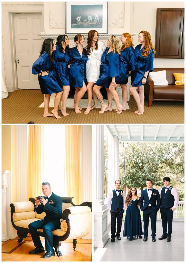 A collage of three photos displays a bride and her six bridesmaids wearing satin gowns pose before a fireplace at a Florida wedding venue above two photos of a groom preparing for their Jacksonville wedding.