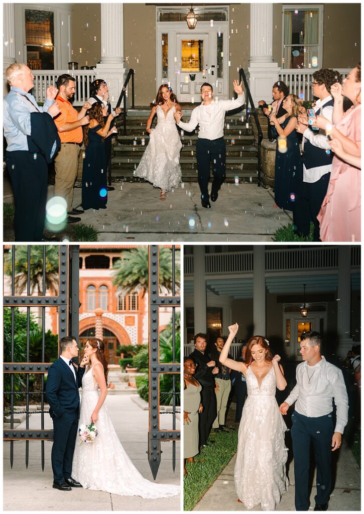 Newlyweds excitedly exit their wedding reception in the middle of a sendoff from guests blowing bubbles towards them in the evening light.