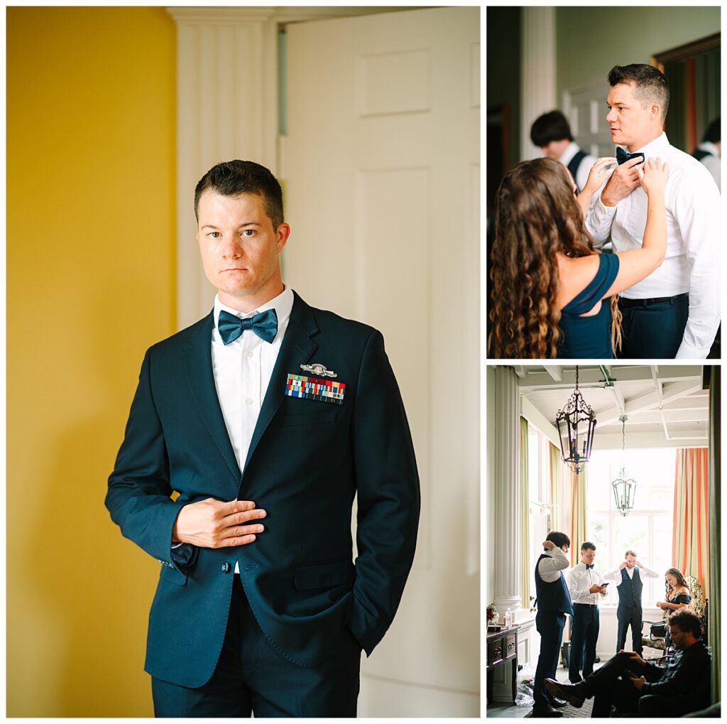 Photos taken by Laura Perez depict a groom getting dressed before his Florida wedding ceremony, sporting his military attire next to his groomsmen wearing a deep shade of blue.