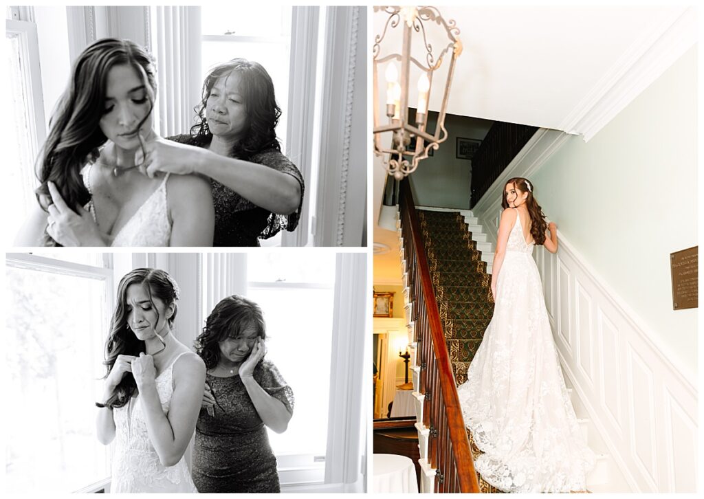 Laura Perez Photography captures an emotional moment shared between mother and daughter as  the mother of the bride assists her with fastening her necklace before her Florida wedding.