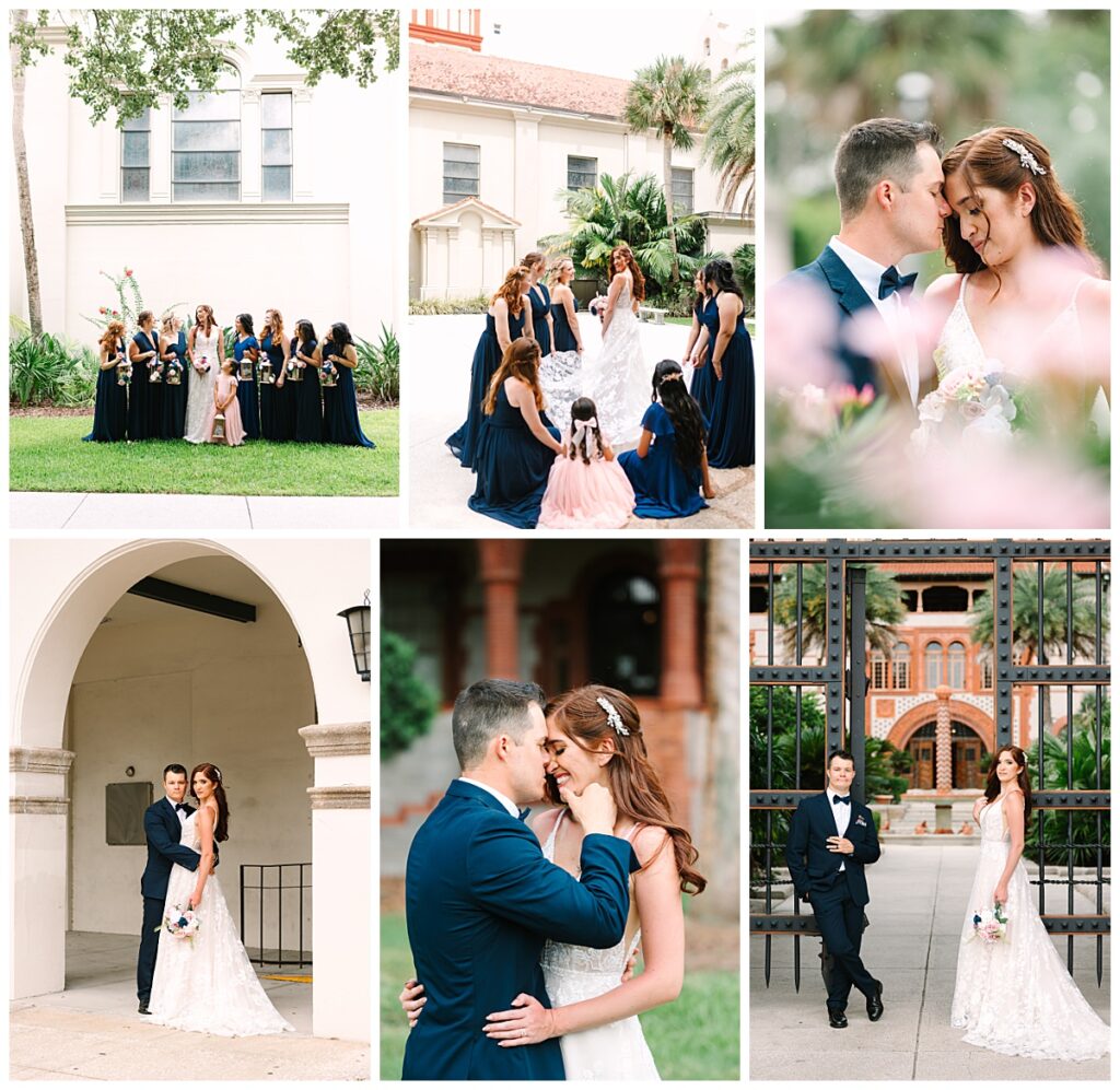 A collage of bridal portraits of Jacksonville area newlyweds standing near arches and iron gates at their reception venue. 