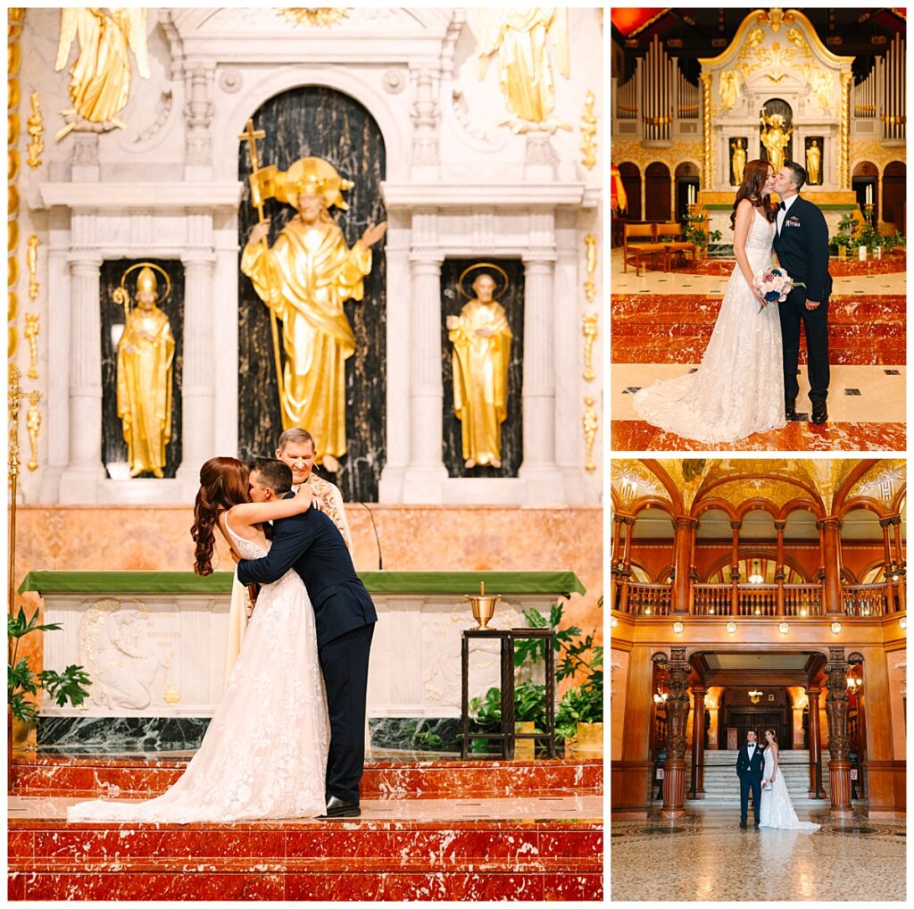 Photos taken by Laura Perez Photography show newlyweds sharing a passionate kiss at the end of their vows in an ornate sanctuary at a local church in the Jacksonville area.