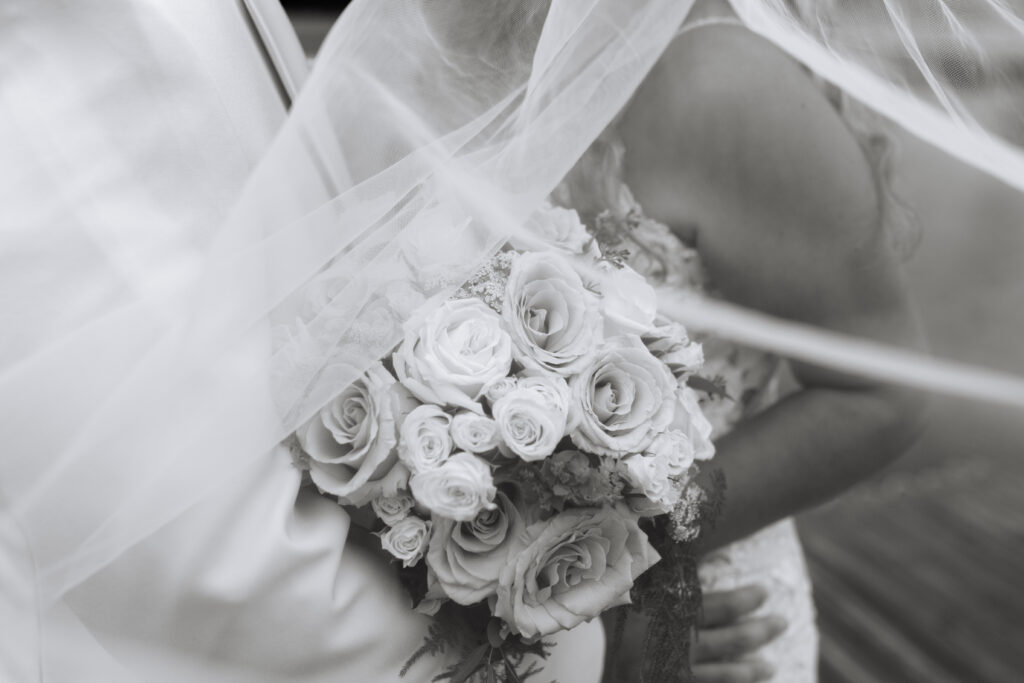 TIMELESS BLACK AND WHITE VEIL PHOTO OG BRIDE AND GROOM 
PALM COAST WEDDING AT CHANNEL SIDE 